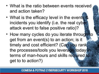 • What is the ratio between events received
and action taken?
• What is the efficacy level in the events &
incidents you identify (i.e. the real cyber
attack event to false positive ratio)?
• How many cycles do you iterate through to
get from an event(s) to an action; is it
timely and cost efficient? (Can you rank
the processes/tools you leverage today in
terms of man-hours and skills required to
get to to action?)
 