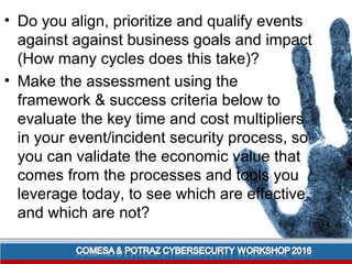 • Do you align, prioritize and qualify events
against against business goals and impact
(How many cycles does this take)?
• Make the assessment using the
framework & success criteria below to
evaluate the key time and cost multipliers
in your event/incident security process, so
you can validate the economic value that
comes from the processes and tools you
leverage today, to see which are effective
and which are not?
 