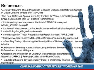References
•Zero Day Malware Threat Prevention Ensuring Document Safety with Outside
In Clean Content Oracle brief | july 2015
•The Best Defenses Against Zero-day Exploits for Various-sized Organizations
SANS I September 21st 2014: David Hammarberg
•http://www.trapx.com/wp-content/uploads/2015/02/Anatomy-of-
Attack__Zombie-Zero.pdf
•http://www.industryweek.com/rockwell-connected-industrial-enterprise/cyber-
threats-hiding-targeting-valuable-assets
• Internet Security Threat ReportInternet Report Symatic, APRIL 2016
•https://www2.fireeye.com/rs/848-DID-242/images/wp-zero-day-danger.pdf
• k-Zero Day Safety: Measuring the Security Risk of Networks against Unknown
Attacks
•A Review on Zero Day Attack Safety Using Different Scenarios 2015 Harshpal
R Gosavi and Anant M Bagade
•Detection and Prevention of Unknown Vulnerabilities on Enterprise IP
Networks IJRITCC | February 2015, Vincy Rose Chacko
• Regulating the zero-day vulnerability trade: a preliminary analysis 2014:
mailyn fidler
 