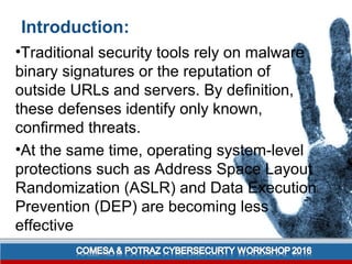 Introduction:
•Traditional security tools rely on malware
binary signatures or the reputation of
outside URLs and servers. By definition,
these defenses identify only known,
confirmed threats.
•At the same time, operating system-level
protections such as Address Space Layout
Randomization (ASLR) and Data Execution
Prevention (DEP) are becoming less
effective
 