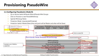 © Tejas Networks Confidential and Proprietary Software Enabled Transformation
1.1 Configuring Pseudowire (Node B)
Go to Service SwitchPseudo WiresPseudo Wire Groups
Click on Provision a new PseudoWireGroup
Specify PW Group Name
Protection Mode: Unprotected/Protected
Protection Switch: Master/Slave (One end point will be Master and other will be Slave)
Provisioning PseudoWire
Click to create PW
Unprotected/Protected
Other end will be Slave
Available only if PWSM is
supported
 