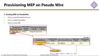 © Tejas Networks Confidential and Proprietary Software Enabled Transformation
1. Creating MEP on PseudoWire
Click on created Pseudowire Group
Click on added PseudoWire.
Click on Create MEP
Provisioning MEP on Pseudo Wire
 