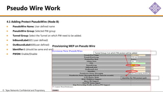 © Tejas Networks Confidential and Proprietary Software Enabled Transformation
4.1 Adding Protect PseudoWire (Node B)
PseudoWire Name: User defined name
PseudoWire Group: Selected PW group
Tunnel Group: Select the Tunnel on which PW need to be added.
InBoundLabel:601 (user defined)
OutBoundLabel:600(user defined)
Identifier:6 (should be same end-end)
PWSM: Enable/Disable
Pseudo Wire Work
Tunnel Group 2 on which PW protect will be added
Identifier for PW protect path
Provisioning MEP on Pseudo Wire
 