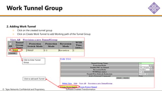 © Tejas Networks Confidential and Proprietary Software Enabled Transformation
2. Adding Work Tunnel
Click on the created tunnel group
Click on Create Work Tunnel to add Working path of the Tunnel Group
Work Tunnel Group
Click to Enter Tunnel
Group
Click to add work Tunnel
 