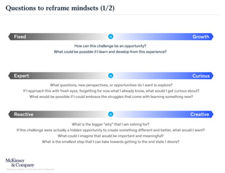 Questions to reframe mindsets (1/2)
How can this challenge be an opportunity?
What could be possible if I learn and develop from this experience?
What is the bigger “why” that I am solving for?
If this challenge were actually a hidden opportunity to create something different and better, what would I want?
What could I imagine that would be important and meaningful?
What is the smallest step that I can take towards getting to the end state I desire?
What questions, new perspectives, or opportunities do I want to explore?
If I approach this with fresh eyes, forgetting for now what I already know, what would I get curious about?
What would be possible if I could embrace the struggles that come with learning something new?
Growth
Curious
Creative
Fixed
Expert
Reactive
VS.
VS.
VS.
McKinsey Academy: Proprietary and Confidential
 