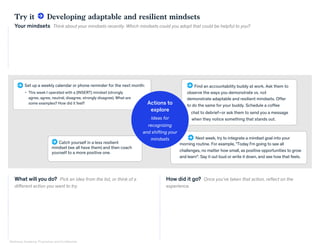 What will you do? Pick an idea from the list, or think of a
different action you want to try.
How did it go? Once you’ve taken that action, reflect on the
experience.
Try it Developing adaptable and resilient mindsets
Your mindsets Think about your mindsets recently. Which mindsets could you adopt that could be helpful to you?
Set up a weekly calendar or phone reminder for the next month:
• This week I operated with a [INSERT] mindset (strongly
agree, agree, neutral, disagree, strongly disagree). What are
some examples? How did it feel?
Catch yourself in a less resilient
mindset (we all have them) and then coach
yourself to a more positive one.
Actions to
explore
Ideas for
recognizing
and shifting your
mindsets Next week, try to integrate a mindset goal into your
morning routine. For example, "Today I'm going to see all
challenges, no matter how small, as positive opportunities to grow
and learn". Say it out loud or write it down, and see how that feels.
Find an accountability buddy at work. Ask them to
observe the ways you demonstrate vs. not
demonstrate adaptable and resilient mindsets. Offer
to do the same for your buddy. Schedule a coffee
chat to debrief–or ask them to send you a message
when they notice something that stands out.
McKinsey Academy: Proprietary and Confidential
 