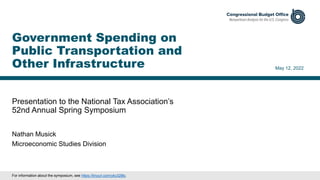 Presentation to the National Tax Association’s
52nd Annual Spring Symposium
May 12, 2022
Nathan Musick
Microeconomic Studies Division
Government Spending on
Public Transportation and
Other Infrastructure
For information about the symposium, see https://tinyurl.com/yky328kj.
 