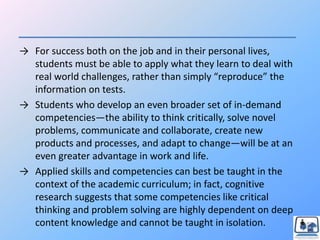 → For success both on the job and in their personal lives,
students must be able to apply what they learn to deal with
real world challenges, rather than simply “reproduce” the
information on tests.
→ Students who develop an even broader set of in-demand
competencies—the ability to think critically, solve novel
problems, communicate and collaborate, create new
products and processes, and adapt to change—will be at an
even greater advantage in work and life.
→ Applied skills and competencies can best be taught in the
context of the academic curriculum; in fact, cognitive
research suggests that some competencies like critical
thinking and problem solving are highly dependent on deep
content knowledge and cannot be taught in isolation.
 