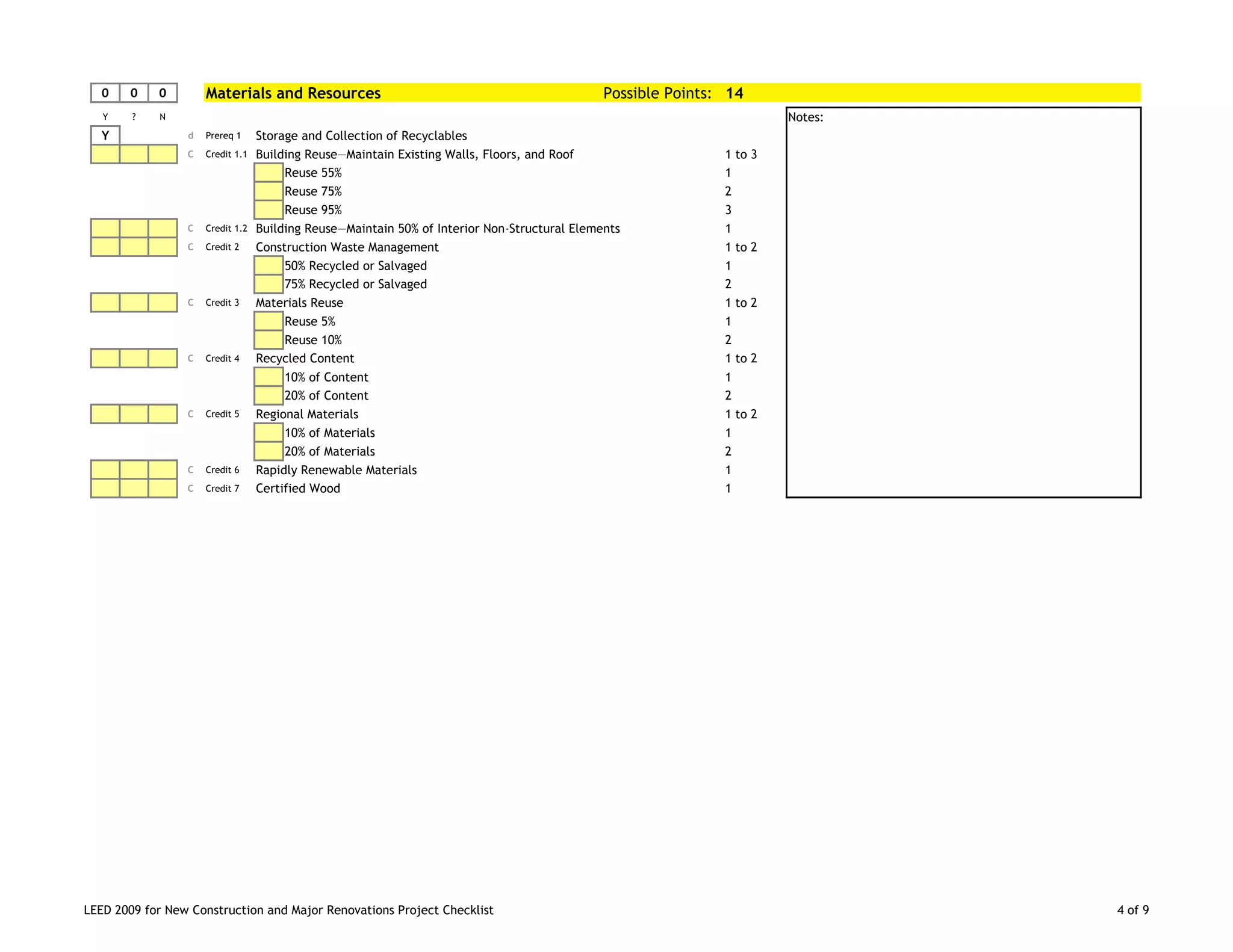 LEED 2009 for New Construction and Major Renovations Project Checklist 4 of 9
0 0 0 Materials and Resources Possible Points: 14
Y ? N Notes:
Y d Prereq 1 Storage and Collection of Recyclables
C Credit 1.1 Building Reuse—Maintain Existing Walls, Floors, and Roof 1 to 3
Reuse 55% 1
Reuse 75% 2
Reuse 95% 3
C Credit 1.2 Building Reuse—Maintain 50% of Interior Non-Structural Elements 1
C Credit 2 Construction Waste Management 1 to 2
50% Recycled or Salvaged 1
75% Recycled or Salvaged 2
C Credit 3 Materials Reuse 1 to 2
Reuse 5% 1
Reuse 10% 2
C Credit 4 Recycled Content 1 to 2
10% of Content 1
20% of Content 2
C Credit 5 Regional Materials 1 to 2
10% of Materials 1
20% of Materials 2
C Credit 6 Rapidly Renewable Materials 1
C Credit 7 Certified Wood 1
 