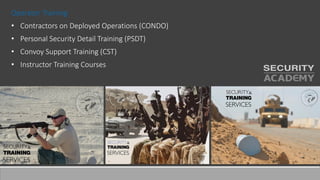 Operator Training
• Contractors on Deployed Operations (CONDO)
• Personal Security Detail Training (PSDT)
• Convoy Support Training (CST)
• Instructor Training Courses
 