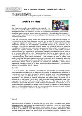 ÁREA DE FORMACION CIUDADANA Y CIVICA DE TERCER AÑO 2015
TEMA: EVASION DE IMPUESTOS
CAPACIDAD : Problematiza asuntos públicos a partir del análisis crítico.
Análisis de casos
CASO 1
Una mañana Leoncio Gravamen salió como de costumbre muy
temprano en busca de trabajo, llevaba semanas en esa penosa
labor y en vista de que no conseguía ocuparse en su profesión como contador, porque el ser
profesional era una limitante, decidió ocultar su preparación y dedicarse al comercio callejero
adquiriendo formularios tributarios en el mercado, para revenderlos ofreciendo al mismo tiempo
asesorías profesionales.
Cierto día fue abordado por un hombre que necesitaba con suma urgencia presentar una
información de carácter fiscal y Leoncio le prestó sus servicios. El hombre regresó al poco
tiempo para agradecerle porque sin su ayuda no habría podido cumplir a tiempo con sus
obligaciones fiscales sin ser sancionado, ofreciéndole trabajo en una compañía de su
propiedad. Leoncio aceptó encantado. Cuando llevaba tres meses de laborar allí, su jefe lo
mandó llamar y le dijo: Leoncio, usted es una persona que ha demostrado ser muy eficiente en
el tiempo que lleva con nosotros y creo que es alguien en quien se puede confiar, por eso le
solicito su ayuda para solucionar un inconveniente que se nos ha presentado en los balances
de la empresa. ¿De qué se trata? Preguntó Leoncio. Su jefe se quedó mirándolo por un
momento luego le dijo: quiero que me ayude a ajustar la contabilidad. ¿De qué forma?
Cambiando algunas cifras que no concuerdan. ¿Tiene soportes?. No, pero se pueden llenar
unos formatos que tengo para que coincidan con el consecutivo. Señor eso es ilegal (se rehusó
a hacerlo). Ante su negativa a los pocos días fue relevado del cargo que ocupaba a uno de
menor rango, hasta cuando su jefe halló un pretexto para despedirlo. Leoncio regresó
nuevamente a su antigua labor no sin antes denunciarlo siendo investigado y sancionado por
"adulterar" la contabilidad al omitir ingresos
CASO 02
Tu tío es un egoísta – dijo Insistina a su novio Revelón- las utilidades que genera la empresa
son suficientes como para que te dé una buena participación de la sociedad que tienen. Así es
Insistina, pero como él es quien consigue los negocios se queda con la mayor tajada y eso que
no paga impuestos, que tal si lo hiciera, ahí sí es cierto que no me daría nada. Es un
deshonesto – dijo Insistina- tu deberías denunciarlo por evasor al fin y al cabo lo que te
corresponde es una miseria. Eso es cierto, voy a hacer caso a tus consejos para que el infeliz
pague por su tacañería. ¿Me acompañas?. Claro que sí. – Se dirigieron a la entidad
fiscalizadora a colocar la denuncia. Cuando los funcionarios hicieron la inspección, el tío de
Rebelón se mostró sorprendido por aquella visita sorpresiva. La investigación arrojó resultados
positivos viéndose obligado a corregir por un monto considerable, después de eso la sociedad
desapareció porque estaba cimentada sobre bases débiles.
CASO 3
Mariano (hablando por teléfono) no te olvides que esta noche como a eso de las 11 pm regreso
al país y traigo una gran cantidad de divisas (OBJETOS VALIOSOS FUERA DEL MARGEN DE
IMPORTACION AUTORIZADOS), debes estar pendiente para que no me vayan a interceptar,
las llevo en el maletín de mano. No te preocupes Armando (se trataba del hermano) estoy
asignado a ese turno. Esa noche estuvo atento y como se trataba de un funcionario de la
 