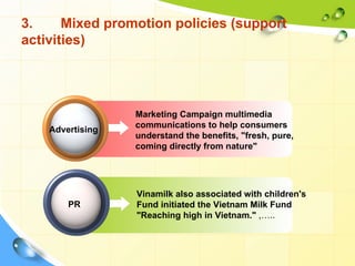3.     Mixed promotion policies (support
activities)




                  Marketing Campaign multimedia
                  communications to help consumers
    Advertising
                  understand the benefits, "fresh, pure,
                  coming directly from nature"




                  Vinamilk also associated with children's
        PR        Fund initiated the Vietnam Milk Fund
                  "Reaching high in Vietnam." ,…..
 