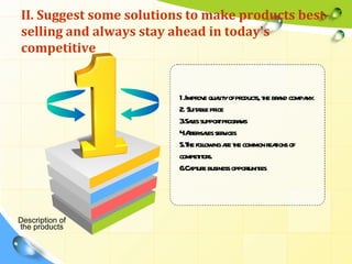 II. Suggest some solutions to make products best-
selling and always stay ahead in today's
competitive


                         1.Impr e quait ofpr s, t br nd compa
                                ov l y oduct he a            ny.
                         2. Suit bl pr
                               a e ice
                         3 l suppor pr a
                          .Saes        t ogr ms
                         4 ft - l ser ices
                          .A ersaes v
                         5.T folow ae t common r t of
                            he l ing r he            eaions
                         compet or
                                 it s.
                         6.Ca ur business opporunit
                              pt e             t ies




Description of
the products
 