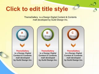 Click to edit title style 
ThemeGallery is a Design Digital Content & Contents 
ThemeGallery 
is a Design Digital 
Content & Contents 
mall developed 
by Guild Design Inc. 
mall developed by Guild Design Inc. 
ThemeGallery 
is a Design Digital 
Content & Contents 
mall developed 
by Guild Design Inc. 
ThemeGallery 
is a Design Digital 
Content & Contents 
mall developed 
by Guild Design Inc. 
A 
Group 
C 
Group 
B 
Group 
 