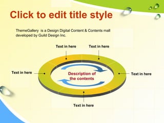 Click to edit title style 
ThemeGallery is a Design Digital Content & Contents mall 
developed by Guild Design Inc. 
Text in here Text in here 
Text in here 
Text in here Description of 
the contents 
Text in here 
 