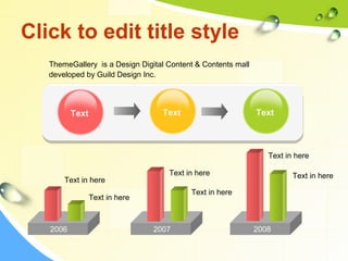 Click to edit title style 
2006 
Text Text Text 
2007 2008 
Text in here 
Text in here 
Text in here 
Text in here 
Text in here 
Text in here 
ThemeGallery is a Design Digital Content & Contents mall 
developed by Guild Design Inc. 
 
