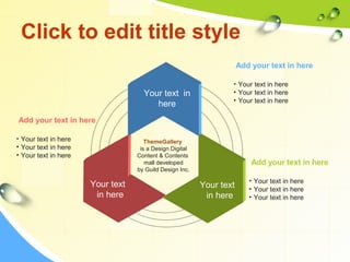 Click to edit title style 
Your text in 
here 
ThemeGallery 
is a Design Digital 
Content & Contents 
mall developed 
by Guild Design Inc. 
Your text 
in here 
Add your text in here 
• Your text in here 
• Your text in here 
• Your text in here 
Your text 
in here 
Add your text in here 
• Your text in here 
• Your text in here 
• Your text in here 
Add your text in here 
• Your text in here 
• Your text in here 
• Your text in here 
 