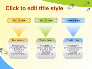 Click to edit title style 
Text in here Text in here Text in here 
Text in here 
ThemeGallery is 
a Design Digital Content 
& Contents mall 
developed 
by Guild Design Inc. 
Text in here 
ThemeGallery is 
a Design Digital Content 
& Contents mall 
developed 
by Guild Design Inc. 
Text in here 
ThemeGallery is 
a Design Digital Content 
& Contents mall 
developed 
by Guild Design Inc. 
 