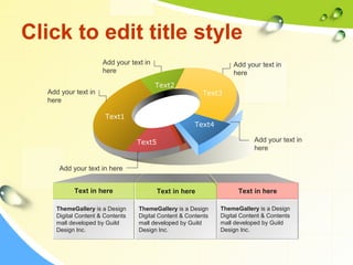Click to edit title style 
Text1 
Text2 
Text3 
Text4 
Text5 
Add your text in 
here 
Add your text in 
here 
Add your text in 
here 
Add your text in 
here 
Add your text in here 
Text in here Text in here 
ThemeGallery is a Design 
Digital Content & Contents 
mall developed by Guild 
Design Inc. 
ThemeGallery is a Design 
Digital Content & Contents 
mall developed by Guild 
Design Inc. 
Text in here 
ThemeGallery is a Design 
Digital Content & Contents 
mall developed by Guild 
Design Inc. 
 