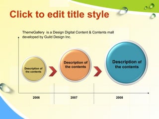 Click to edit title style 
ThemeGallery is a Design Digital Content & Contents mall 
developed by Guild Design Inc. 
Description of 
the contents 
Description of 
Description of the contents 
the contents 
2006 2007 2008 
 