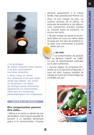 1
■ La pratique
de votre religion vous amène
à ne pas consommer
certains aliments.
■ Pour vous, le choix
des aliments n’est pas seule-
ment une affaire de santé
et de plaisir ; la façon
de manger peut concerner
également la convivialité,
ainsi que les croyances
philosophiques ou religieuses.
S U I V E Z L E G U I D E …
Des compensations peuvent
être utiles...
● Même si on exclut un aliment de son
alimentation, il est toujours possible de
parvenir à un équilibre alimentaire
grâce à la consommation d’autres
aliments appartenant à la même
famille, mais autorisés (voir Portrait 12).
Ainsi, ne pas manger de porc, ou
certains produits de la pêche, ne
pose pas de problème si, par ailleurs,
vous consommez d’autres viandes
ou d’autres types de poissons, ou
encore des œufs.
● Ne pas manger de viande et de pro-
duits laitiers au cours du même repas
ne pose pas non plus de problème si,
au total, vous consommez 3 produits
laitiers par jour.
... ou non
● La consommation de produits
ou aliments "casher" ou "hallal"
n’a pas de retentissement particulier
sur le plan nutritionnel.
● Aucune religion ne comprend d’in-
terdits vis-à-vis des fruits et légumes. Il
vous est donc toujours possible de
manger au moins les 5 fruits et légumes
conseillés par jour.
22
“JENEMANGEPASCERTAINSALIMENTSPOURDESRAISONSRELIGIEUSES
99
250-09187-L sante_mangeant_23sept:250-09187-L sante_mangeant_ 30/09/09 17:17 Page 99
 