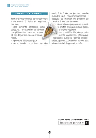 S U I V E Z L E G U I D E …
Il est ainsi recommandé de consommer :
- au moins 5 fruits et légumes
par jour,
- des aliments céréaliers (pain,
pâtes, riz… en favorisant les céréales
complètes), des pommes de terre
et des légumineuses à chaque
repas,
- 3 produits laitiers par jour,
- de la viande, du poisson ou des
œufs, 1 à 2 fois par jour en quantité
moindre que l’accompagnement ;
essayez de manger du poisson au
moins 2 fois par semaine,
- des matières grasses en quanti-
té limitée et en privilégiant celles
d’origine végétale,
- en quantité limitée, des produits
sucrés (confiseries, pâtisseries,
boissons sucrées, barres choco-
latées, glaces...). Attention surtout aux
aliments à la fois gras et sucrés.
consultez le portrait n°
POUR PLUS D’INFORMATIONS
1
J’ai peur de la vache folle
des OGM, de la dioxine...
104
250-09187-L sante_mangeant_23sept:250-09187-L sante_mangeant_ 30/09/09 17:25 Page 104
 