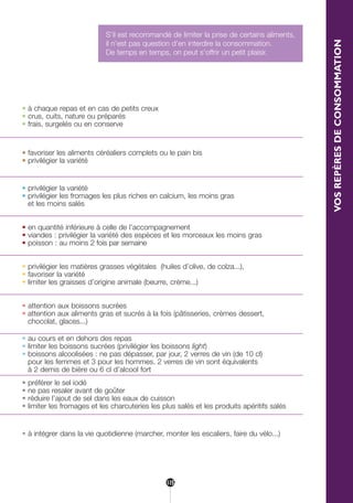 • préférer le sel iodé
• ne pas resaler avant de goûter
• réduire l’ajout de sel dans les eaux de cuisson
• limiter les fromages et les charcuteries les plus salés et les produits apéritifs salés
• attention aux boissons sucrées
• attention aux aliments gras et sucrés à la fois (pâtisseries, crèmes dessert,
chocolat, glaces...)
• privilégier les matières grasses végétales (huiles d’olive, de colza...),
• favoriser la variété
• limiter les graisses d’origine animale (beurre, crème...)
• en quantité inférieure à celle de l’accompagnement
• viandes : privilégier la variété des espèces et les morceaux les moins gras
• poisson : au moins 2 fois par semaine
• privilégier la variété
• privilégier les fromages les plus riches en calcium, les moins gras
et les moins salés
• favoriser les aliments céréaliers complets ou le pain bis
• privilégier la variété
• à chaque repas et en cas de petits creux
• crus, cuits, nature ou préparés
• frais, surgelés ou en conserve
• à intégrer dans la vie quotidienne (marcher, monter les escaliers, faire du vélo...)
• au cours et en dehors des repas
• limiter les boissons sucrées (privilégier les boissons light)
• boissons alcoolisées : ne pas dépasser, par jour, 2 verres de vin (de 10 cl)
pour les femmes et 3 pour les hommes. 2 verres de vin sont équivalents
à 2 demis de bière ou 6 cl d’alcool fort
VOSREPÈRESDECONSOMMATION
S’il est recommandé de limiter la prise de certains aliments,
il n’est pas question d’en interdire la consommation.
De temps en temps, on peut s’offrir un petit plaisir.
tion
jour
115
250-09187-L sante_mangeant_23sept:250-09187-L sante_mangeant_ 1/10/09 11:32 Page 115
 