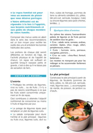 ■ Le repas familial est pour
vous un moment de plaisir
que vous désirez partager.
■ Votre difficulté est de
répondre à la fois à l’appétit,
aux besoins nutritionnels et
aux goûts de chaque membre
de votre famille.
Composer des menus variés en allant
dans le sens des recommandations
est un bon moyen pour rectifier les
oublis des uns et entretenir les bonnes
habitudes des autres.
Les portions de chaque plat seront
différentes en fonction de l’âge, de
l’activité physique et de l’appétit de
chacun. Un repas est suffisant en
quantité lorsqu’il rassasie petits et
grands, c’est-à-dire qu’il ne laisse pas
de sensation de faim.
S U I V E Z L E G U I D E …
L’entrée
● Privilégiez les entrées de légumes,
crus ou cuits… ou de fruits ; il n’y a
pas de raisons scientifiques à ce que
les fruits soient consommés unique-
ment en fin de repas.
Ceci contribuera à atteindre l’objectif
nutritionnel de consommer au moins
5 fruits et légumes par jour.
● Le potage de légumes épais peut
remplacer un plat de légumes cuits.
● La salade composée peut réunir
l’entrée et le plat principal : légumes
ou fruits crus, légumes cuits, œuf ou
thon, cubes de fromage, pommes de
terre ou aliments céréaliers (riz, pâtes,
blé pré-cuit, semoule, boulgour, maïs)
ou encore légumes secs (pois chiches,
lentilles…).
Quelques idées d’entrées
Au rythme des saisons, l’extraordinaire
palette de légumes et de fruits permet
de satisfaire tous les goûts :
● Crus : salade verte, tomates, endives,
carottes râpées, chou rouge, céleri,
pamplemousse, melon…
● Cuits : haricots verts, poireaux,
courgettes, poivrons…
● Crus ou cuits : chou-fleur, fenouil,
betteraves…
Les recettes ne manquent pas pour les
mélanger et les accommoder facilement
et joliment.
Le plat principal
Construisez le plat principal à partir de
légumes, de féculents (pommes de
terre, pâtes, riz, blé pré-cuit, semoule,
maïs, légumes secs…), accompagnés
de viande, de poisson, de jambon ou
d'œufs.
26
250-09187-L sante_mangeant_23sept:250-08187-L interieur 24/09/09 21:09 Page 26
 