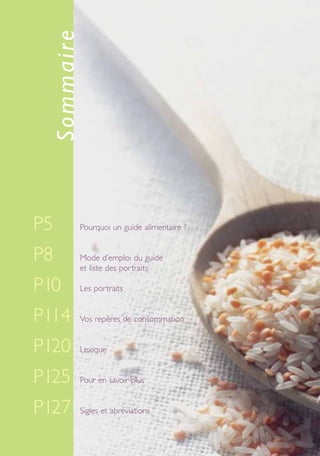 san
P5 Pourquoi un guide alimentaire ?
P8 Mode d’emploi du guide
et liste des portraits
P10 Les portraits
P114 Vos repères de consommation
P120 Lexique
P125 Pour en savoir plus
P127 Sigles et abréviations
Sommaire
250-09187-L sante_mangeant_23sept:250-08187-L interieur 24/09/09 16:20 Page 4
 