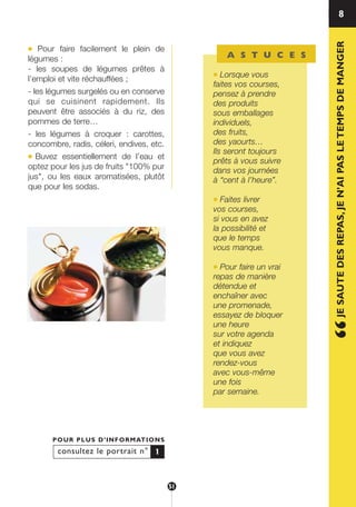 8
“JESAUTEDESREPAS,JEN’AIPASLETEMPSDEMANGER
consultez le portrait n°
POUR PLUS D’INFORMATIONS
1
A S T U C E S
● Lorsque vous
faites vos courses,
pensez à prendre
des produits
sous emballages
individuels,
des fruits,
des yaourts…
Ils seront toujours
prêts à vous suivre
dans vos journées
à “cent à l’heure”.
● Faites livrer
vos courses,
si vous en avez
la possibilité et
que le temps
vous manque.
● Pour faire un vrai
repas de manière
détendue et
enchaîner avec
une promenade,
essayez de bloquer
une heure
sur votre agenda
et indiquez
que vous avez
rendez-vous
avec vous-même
une fois
par semaine.
● Pour faire facilement le plein de
légumes :
- les soupes de légumes prêtes à
l’emploi et vite réchauffées ;
- les légumes surgelés ou en conserve
qui se cuisinent rapidement. Ils
peuvent être associés à du riz, des
pommes de terre…
- les légumes à croquer : carottes,
concombre, radis, céleri, endives, etc.
● Buvez essentiellement de l’eau et
optez pour les jus de fruits "100% pur
jus", ou les eaux aromatisées, plutôt
que pour les sodas.
51
250-09187-L sante_mangeant_23sept:250-08187-L interieur 25/09/09 11:54 Page 51
 