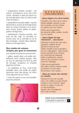 ● préparations froides sucrées : lait
nature, chocolaté ou avec des fruits
mixés, desserts à base de yaourt ou
de fromage blanc avec du miel ou des
fruits de saison ;
● préparations chaudes salées : sauces
béchamel ou à base de fromage fondu
dans un croque-monsieur ou un sand-
wich chaud, gratins (pâtes au gratin,
gratins de légumes)…
● préparations chaudes sucrées : lait
avec du thé, café, ou chocolat, ou
encore avec de la cannelle ou de la
fleur d’oranger ; crèmes, flans, clafoutis,
tartes au fromage blanc…
Des modes de cuisson
simples, peu gras et savoureux
Les viandes et poissons peuvent être :
● grillés, sautés dans une poêle anti-
adhésive sans matière grasse, rôtis
au four en garnissant le fond du plat
de tomates, d’oignons ou d’autres
légumes émincés ;
● en papillotes au four, c’est-à-dire
emballés dans une feuille de papier
aluminium avec des épices, du citron
et les légumes de son choix ;
● cuits à la vapeur ou au court-bouillon
pour les poissons
consultez le portrait n°
POUR PLUS D’INFORMATIONS
1
9
“JENECUISINEPAS
A S T U C E S
C U L I N A I R E S
● Sauce légère à la crème fraîche
Chauffez à feu doux de la crème
fraîche allégée, ajoutez un peu
de moutarde, puis les herbes
ou épices que vous aimez.
Cette sauce agrémente
les aliments grillés, poêlés, bouillis
ou à la vapeur.
● Sauce légère de type
“béchamel”… sans beurre
Dissolvez la fécule de maïs dans
quelques cuillères de lait.
Ajoutez le reste du lait.
Faites chauffer jusqu’à ébullition
tout en mélangeant ; faites bouillir
encore pendant trois minutes
en continuant de mélanger.
Salez modérément, poivrez.
Hors du feu, ajoutez un jaune
d’œuf et mélangez.
Cette sauce agrémente
des plats comme l’endive roulée
au jambon, le chou-fleur,
les poireaux cuits vapeur…
● Base de cuisson des viandes
ou volailles
Graissez le fond de la poêle
avec une cuillère à soupe d’huile
(d’olive si vous l’aimez) ; faites
fondre un oignon ou de l’ail
ou des échalotes ;
ajoutez des champignons
et/ou des tomates.
55
250-09187-L sante_mangeant_23sept:250-08187-L interieur 25/09/09 11:54 Page 55
 
