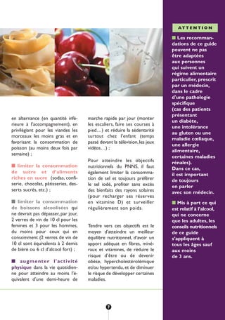 us
me
on
en
re,
e)
au
r-
es
es
es
rs
te
és,
es
et
es
es
le
on
es,
;
es
nt
e-
qui
és
de
nt
du
la
ur
en alternance (en quantité infé-
rieure à l’accompagnement), en
privilégiant pour les viandes les
morceaux les moins gras et en
favorisant la consommation de
poisson (au moins deux fois par
semaine) ;
■ limiter la consommation
de sucre et d’aliments
riches en sucre (sodas, confi-
serie, chocolat, pâtisseries, des-
serts sucrés, etc.) ;
■ limiter la consommation
de boissons alcoolisées qui
ne devrait pas dépasser, par jour,
2 verres de vin de 10 cl pour les
femmes et 3 pour les hommes,
du moins pour ceux qui en
consomment (2 verres de vin de
10 cl sont équivalents à 2 demis
de bière ou 6 cl d’alcool fort) ;
■ augmenter l'activité
physique dans la vie quotidien-
ne pour atteindre au moins l’é-
quivalent d’une demi-heure de
marche rapide par jour (monter
les escaliers, faire ses courses à
pied…) et réduire la sédentarité
surtout chez l’enfant (temps
passé devant la télévision,les jeux
vidéos…) ;
Pour atteindre les objectifs
nutritionnels du PNNS, il faut
également limiter la consomma-
tion de sel et toujours préférer
le sel iodé, profiter sans excès
des bienfaits des rayons solaires
(pour recharger ses réserves
en vitamine D) et surveiller
régulièrement son poids.
Tendre vers ces objectifs est le
moyen d’atteindre un meilleur
équilibre nutritionnel, d’avoir un
apport adéquat en fibres, miné-
raux et vitamines, de réduire le
risque d’être ou de devenir
obèse, hypercholestérolémique
et/ou hypertendu, et de diminuer
le risque de développer certaines
maladies.
■ Les recomman-
dations de ce guide
peuvent ne pas
être adaptées
aux personnes
qui suivent un
régime alimentaire
particulier, prescrit
par un médecin,
dans le cadre
d'une pathologie
spécifique
(cas des patients
présentant
un diabète,
une intolérance
au gluten ou une
maladie cœliaque,
une allergie
alimentaire,
certaines maladies
rénales).
Dans ce cas,
il est important
de toujours
en parler
avec son médecin.
■ Mis à part ce qui
est relatif à l’alcool,
qui ne concerne
que les adultes, les
conseils nutritionnels
de ce guide
s’appliquent à
tous les âges sauf
aux moins
de 3 ans.
AT T E N T I O N
7
250-09187-L sante_mangeant_23sept:250-08187-L interieur 24/09/09 16:20 Page 7
 