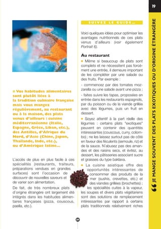 119
“JEMANGESOUVENTDESPLATSEXOTIQUESOUD’ORIGINEÉTRANGÈRE
■ Vos habitudes alimentaires
sont plutôt liées à
la tradition culinaire française
mais vous mangez
régulièrement, au restaurant
ou à la maison, des plats
venus d’ailleurs : cuisine
méditerranéenne (Italie,
Espagne, Grèce, Liban, etc.),
des Antilles, d’Afrique du
Nord, d’Asie (Chine, Japon,
Thaïlande, Inde, etc.),
ou d’Amérique latine…
L’accès de plus en plus facile à ces
spécialités (restaurants, traiteurs,
préparations vendues en grandes
surfaces) sont l’occasion de
découvrir de nouvelles saveurs et
de varier son alimentation.
De fait, de très nombreux plats
d’origine étrangère ont largement été
intégrés dans les habitudes alimen-
taires françaises (pizza, couscous,
paella, etc.).
S U I V E Z L E G U I D E …
Voici quelques idées pour optimiser les
avantages nutritionnels de ces plats
venus d’ailleurs (voir également
Portrait 6).
Au restaurant
● Même si beaucoup de plats sont
complets et ne nécessitent pas forcé-
ment une entrée, il demeure important
de les compléter par une salade ou
des fruits. Par exemple :
- commencez par des tomates moz-
zarella ou une salade avant une pizza ;
- faites suivre les tapas, proposées en
entrée dans les restaurants espagnols,
par du poisson ou de la viande grillée
avec des légumes, puis un fruit en
dessert.
● Soyez attentif à la part réelle des
légumes : certains plats "exotiques"
peuvent en contenir des quantités
intéressantes (couscous, curry, colom-
bo); ne les laissez surtout pas de côté
en faveur des féculents (semoule, riz) et
de la sauce. N’abusez pas des aman-
des et des raisins secs, et évitez, au
dessert, les pâtisseries associant sucre
et graisses du type baklava.
● La cuisine asiatique offre des
opportunités intéressantes de
consommer des produits de la
mer (sushis, crevettes, etc.) et
des viandes grillées (brochettes) ;
les spécialités cuites à la vapeur,
les soupes et divers plats végétariens
sont des solutions de remplacement
intéressantes par rapport à certains
plats traditionnels relativement riches
s
89
250-09187-L sante_mangeant_23sept:250-09187-L sante_mangeant_ 30/09/09 17:04 Page 89
 