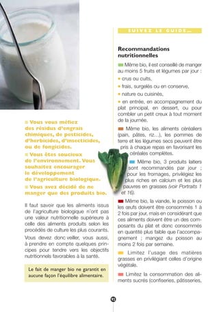 ■ Vous vous méfiez
des résidus d’engrais
chimiques, de pesticides,
d’herbicides, d’insecticides,
ou de fongicides.
■ Vous êtes soucieux
de l’environnement. Vous
souhaitez encourager
le développement
de l’agriculture biologique.
■ Vous avez décidé de ne
manger que des produits bio.
Il faut savoir que les aliments issus
de l’agriculture biologique n’ont pas
une valeur nutritionnelle supérieure à
celle des aliments produits selon les
procédés de culture les plus courants.
Vous devez donc veiller, vous aussi,
à prendre en compte quelques prin-
cipes pour tendre vers les objectifs
nutritionnels favorables à la santé.
S U I V E Z L E G U I D E …
Recommandations
nutritionnelles
■ Même bio, il est conseillé de manger
au moins 5 fruits et légumes par jour :
● crus ou cuits,
● frais, surgelés ou en conserve,
● nature ou cuisinés,
● en entrée, en accompagnement du
plat principal, en dessert, ou pour
combler un petit creux à tout moment
de la journée.
■ Même bio, les aliments céréaliers
(pain, pâtes, riz…), les pommes de
terre et les légumes secs peuvent être
pris à chaque repas en favorisant les
céréales complètes.
■ Même bio, 3 produits laitiers
sont recommandés par jour ;
pour les fromages, privilégiez les
plus riches en calcium et les plus
pauvres en graisses (voir Portraits 1
et 16).
■ Même bio, la viande, le poisson ou
les œufs doivent être consommés 1 à
2 fois par jour, mais en considérant que
ces aliments doivent être un des com-
posants du plat et donc consommés
en quantité plus faible que l’accompa-
gnement ; mangez du poisson au
moins 2 fois par semaine.
■ Limitez l’usage des matières
grasses en privilégiant celles d’origine
végétale.
■ Limitez la consommation des ali-
ments sucrés (confiseries, pâtisseries,
Le fait de manger bio ne garantit en
aucune façon l’équilibre alimentaire.
92
250-09187-L sante_mangeant_23sept:250-09187-L sante_mangeant_ 30/09/09 17:15 Page 92
 
