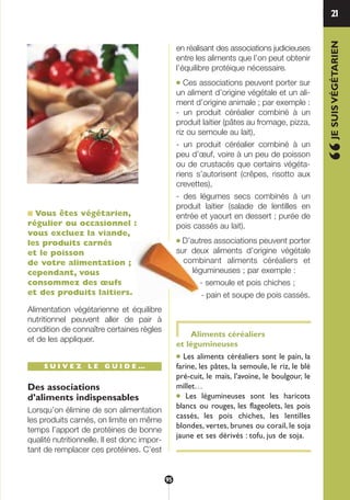 1
■ Vous êtes végétarien,
régulier ou occasionnel :
vous excluez la viande,
les produits carnés
et le poisson
de votre alimentation ;
cependant, vous
consommez des œufs
et des produits laitiers.
Alimentation végétarienne et équilibre
nutritionnel peuvent aller de pair à
condition de connaître certaines règles
et de les appliquer.
S U I V E Z L E G U I D E …
Des associations
d’aliments indispensables
Lorsqu’on élimine de son alimentation
les produits carnés, on limite en même
temps l’apport de protéines de bonne
qualité nutritionnelle. Il est donc impor-
tant de remplacer ces protéines. C’est
en réalisant des associations judicieuses
entre les aliments que l’on peut obtenir
l’équilibre protéique nécessaire.
● Ces associations peuvent porter sur
un aliment d’origine végétale et un ali-
ment d’origine animale ; par exemple :
- un produit céréalier combiné à un
produit laitier (pâtes au fromage, pizza,
riz ou semoule au lait),
- un produit céréalier combiné à un
peu d’œuf, voire à un peu de poisson
ou de crustacés que certains végéta-
riens s’autorisent (crêpes, risotto aux
crevettes),
- des légumes secs combinés à un
produit laitier (salade de lentilles en
entrée et yaourt en dessert ; purée de
pois cassés au lait).
● D’autres associations peuvent porter
sur deux aliments d’origine végétale
combinant aliments céréaliers et
légumineuses ; par exemple :
- semoule et pois chiches ;
- pain et soupe de pois cassés.
Aliments céréaliers
et légumineuses
● Les aliments céréaliers sont le pain, la
farine, les pâtes, la semoule, le riz, le blé
pré-cuit, le maïs, l’avoine, le boulgour, le
millet…
● Les légumineuses sont les haricots
blancs ou rouges, les flageolets, les pois
cassés, les pois chiches, les lentilles
blondes, vertes, brunes ou corail, le soja
jaune et ses dérivés : tofu, jus de soja.
21
“JESUISVÉGÉTARIEN
95
250-09187-L sante_mangeant_23sept:250-09187-L sante_mangeant_ 30/09/09 17:16 Page 95
 
