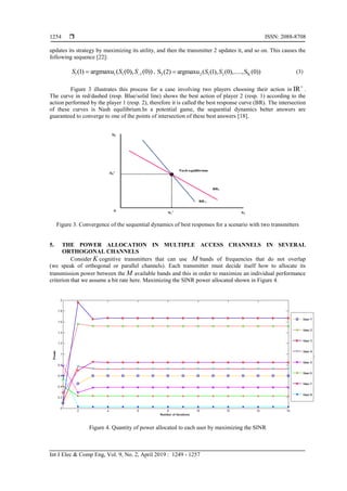  ISSN: 2088-8708
Int J Elec & Comp Eng, Vol. 9, No. 2, April 2019 : 1249 - 1257
1254
updates its strategy by maximizing its utility, and then the transmitter 2 updates it, and so on. This causes the
following sequence [22]:
1 1 1 1(1) argmaxu ( (0), (0))S S S , 2 2 1 2 KS (2) argmaxu ( (1), (0),.....,S (0))S S (3)
Figure 3 illustrates this process for a case involving two players choosing their action in IR
.
The curve in red/dashed (resp. Blue/solid line) shows the best action of player 2 (resp. 1) according to the
action performed by the player 1 (resp. 2), therefore it is called the best response curve (BR). The intersection
of these curves is Nash equilibrium.In a potential game, the sequential dynamics better answers are
guaranteed to converge to one of the points of intersection of these best answers [18].
Figure 3. Convergence of the sequential dynamics of best responses for a scenario with two transmitters
5. THE POWER ALLOCATION IN MULTIPLE ACCESS CHANNELS IN SEVERAL
ORTHOGONAL CHANNELS
Consider K cognitive transmitters that can use M bands of frequencies that do not overlap
(we speak of orthogonal or parallel channels). Each transmitter must decide itself how to allocate its
transmission power between the M available bands and this in order to maximize an individual performance
criterion that we assume a bit rate here. Maximizing the SINR power allocated shown in Figure 4.
Figure 4. Quantity of power allocated to each user by maximizing the SINR
 