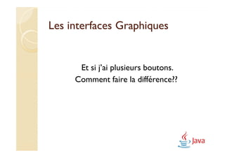 Les interfaces Graphiques


      Et si j’ai plusieurs boutons.
     Comment faire la différence??
 