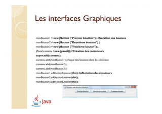 Les interfaces Graphiques

monBouton1 = new JButton ("Premier boutton") ; //Création des boutons
monBouton2 = new JButton ("Deuxième boutton") ;
monBouton3 = new JButton ("Troisième bouton") ;
JPanel contenu =new Jpanel(); //Création des conteneurs
super.add(contenu);
contenu.add(monBouton1) ; //ajout des boutons dans le conteneur.
contenu.add(monBouton2) ;
contenu.add(monBouton3) ;
monBouton1.addActionListener(this); //affectation des écouteurs
monBouton2.addActionListener(this);
monBouton3.addActionListener(this);
 