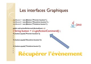 Les interfaces Graphiques
monBouton1 = new JButton ("Premier boutton") ;
monBouton2 = new JButton ("Deuxième boutton") ;
monBouton3 = new JButton ("Troisième bouton") ;

public void actionPerformed (ActionEvent ev
                                         ev)
{ String button = ev.getActionCommand() ;
if ( button.equals("Premier boutton"))
{
}
if ( button.equals("Deuxième boutton"))
{
}
if ( button.equals("Troisième bouton"))
{
}
}
 