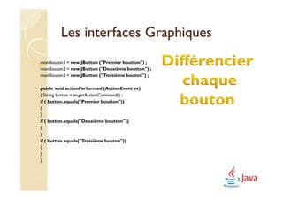 Les interfaces Graphiques
monBouton1 = new JButton ("Premier boutton") ;
monBouton2 = new JButton ("Deuxième boutton") ;
monBouton3 = new JButton ("Troisième bouton") ;

public void actionPerformed (ActionEvent ev)
{ String button = ev.getActionCommand() ;
if ( button.equals("Premier boutton"))
{
}
if ( button.equals("Deuxième boutton"))
{
}
if ( button.equals("Troisième bouton"))
{
}
}
 