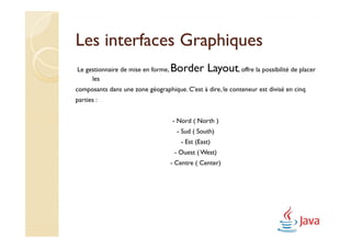 Les interfaces Graphiques
Le gestionnaire de mise en forme,   Border Layout, offre la possibilité de placer
     les
composants dans une zone géographique. C'est à dire, le conteneur est divisé en cinq
parties :


                                    - Nord ( North )
                                      - Sud ( South)
                                       - Est (East)
                                     - Ouest ( West)
                                    - Centre ( Center)
 
