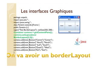 Les interfaces Graphiques
package unpack;
import java.awt.* ;
import javax.swing.* ;
class Fenetre extends JFrame {
public Fenetre () {
super("Test BorderLayout") ; setSize(250, 200) ;
Container contenu = getContentPane() ;
contenu.setLayout(new
BorderLayout(3,5)) ;
contenu.add(new JButton("Centre"),"Center") ;
contenu.add(new JButton(" Nord"), "North") ;
contenu.add(new JButton(" Sud"), "South") ;
contenu.add(new JButton("Ouest"), "West") ;
contenu.add(new JButton("Est"), "East") ;
}
}
 