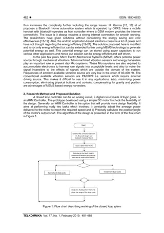  ISSN: 1693-6930
TELKOMNIKA Vol. 17, No. 1, February 2019: 481-488
482
thus increases the complexity further including the range issues. H. Kanma [15, 16] et al
proposes a Bluetooth Home automation system which is operated by GPRS. Here a mobile
handset with bluetooth operates as host controller where a GSM modem provides the internet
connectivity. The issue is it always requires a strong internet connection for smooth working.
The researchers have given solutions without considering the energy saving and cost
effectiveness [17-19]. Also, the android application-based solutions consume a lot of power and
have not thought regarding the energy efficieny [19-21]. The solution proposed here is modified
and is not only energy efficient but can be extended further using MEMS technology to generate
potential energy as well. This potential energy can be stored using super capacitors to run
various other applications and hence our solution can be energy effivient and self driven.
In the past few years, Micro Electro Mechanical Systems (MEMS) offers potential power
source through mechanical vibrations. Micromachined vibration sensors and energy harvesters
play an important role in present day Microsystems. These Microsystems are also required to
accommodate electronics to harness raw signals into acceptable levels and also to make the
signal insensitive to the effects of signals which are outside the domain of the system.
Frequencies of ambient available vibration source are very low in the order of 40-400 Hz. The
conventional available vibration sensors are PASSIVE i.e. sensors which require external
driving source. This makes it difficult to use it in any applications. Also, minimizing power
consumption, eliminating physical buttons and controls, compensating for gravity and position
are advantages of MEMS based energy harvesters.
2. Research Method and Proposed Solution
A closed loop controller can be an analog circuit, a digital circuit made of logic gates, or
an ARM Controller. The prototype developed using a simple DC motor to check the feasibility of
the design. Generally, an ARM Controller is the option that will provide more design flexibility. It
aims at performing maily two tasks which involves: i) constantly adjust the average power
delivered to the motor to reach the required speed and ii) Precisely calculate the position/angle
of the motor's output shaft. The algorithm of the design is presented in the form of the flow chart
in Figure 1.
Figure 1. Flow chart describing working of the closed loop sytem
 