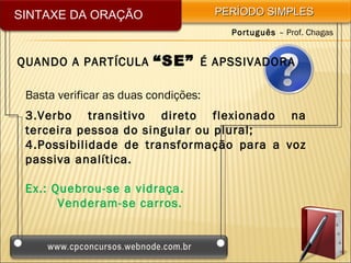 SINTAXE DA ORAÇÃO                     PERÍODO SIMPLES
                                        Português – Prof. Chagas


QUANDO A PARTÍCULA “SE” É APSSIVADORA

 Basta verificar as duas condições:
 3.Verbo transitivo direto flexionado na
 terceira pessoa do singular ou plural;
 4.Possibilidade de transformação para a voz
 passiva analítica.

 Ex.: Quebrou-se a vidraça.
       Venderam-se carros.
 
