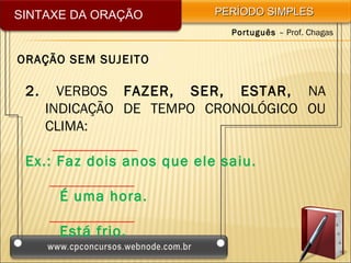 SINTAXE DA ORAÇÃO          PERÍODO SIMPLES
                             Português – Prof. Chagas


ORAÇÃO SEM SUJEITO

 2.     VERBOS FAZER, SER, ESTAR, NA
      INDICAÇÃO DE TEMPO CRONOLÓGICO OU
      CLIMA:

 Ex.: Faz dois anos que ele saiu.

       É uma hora.

       Está frio.
 