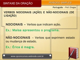 SINTAXE DA ORAÇÃO            PERÍODO SIMPLES
                               Português – Prof. Chagas

VERBOS NOCIONAIS (AÇÃO) E NÃO-NOCIONAIS (DE
LIGAÇÃO)


 NOCIONAIS – Verbos que indicam ação.
 Ex.: Maísa apresentou o programa.

 NÃO-NOCIONAIS – Verbos que exprimem estado
 ou mudança de estado.
 Ex.: Érica é magra.
 