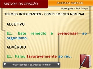 SINTAXE DA ORAÇÃO          PERÍODO SIMPLES
                             Português – Prof. Chagas

TERMOS INTEGRANTES - COMPLEMENTO NOMINAL


 ADJETIVO

 Ex.: Este remédio     é   prejudicial         ao
 organismo.

 ADVÉRBIO

 Ex.: Falou favoravelmente ao réu.
 