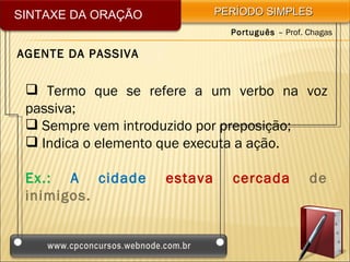 SINTAXE DA ORAÇÃO            PERÍODO SIMPLES
                               Português – Prof. Chagas

AGENTE DA PASSIVA


  Termo que se refere a um verbo na voz
 passiva;
  Sempre vem introduzido por preposição;
  Indica o elemento que executa a ação.

 Ex.: A cidade      estava     cercada           de
 inimigos.
 