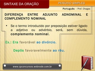 SINTAXE DA ORAÇÃO                 PERÍODO SIMPLES
                                     Português – Prof. Chagas

DIFERENÇA ENTRE ADJUNTO              ADNOMINAL           E
COMPLEMENTO NOMINAL

• Se o termo introduzido por preposição estiver ligado
  a adjetivo ou advérbio, será, sem dúvida,
  complemento nominal.

Ex.: Era favorável ao divórcio.

     Depôs favoravelmente ao réu.
 