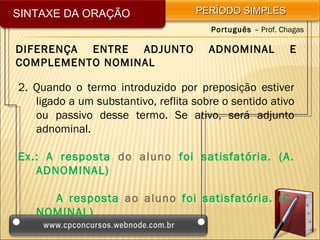 SINTAXE DA ORAÇÃO                   PERÍODO SIMPLES
                                       Português – Prof. Chagas

DIFERENÇA ENTRE ADJUNTO                ADNOMINAL           E
COMPLEMENTO NOMINAL

2. Quando o termo introduzido por preposição estiver
   ligado a um substantivo, reflita sobre o sentido ativo
   ou passivo desse termo. Se ativo, será adjunto
   adnominal.

Ex.: A resposta do aluno foi satisfatória. (A.
   ADNOMINAL)

     A resposta ao aluno foi satisfatória. (C.
   NOMINAL)
 